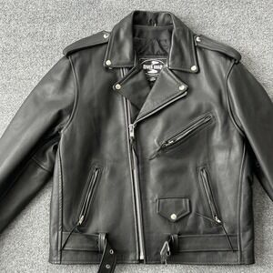 River Road Jacket Mens 46‎ Black Leather Motorcycle Biker Belted Zip Pockets